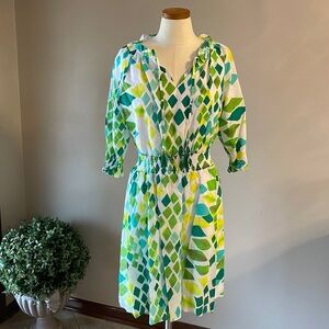 NWT ATELIER NEW YORK cotton smock waist dress geometric green ylw 1/2 sleeve 10